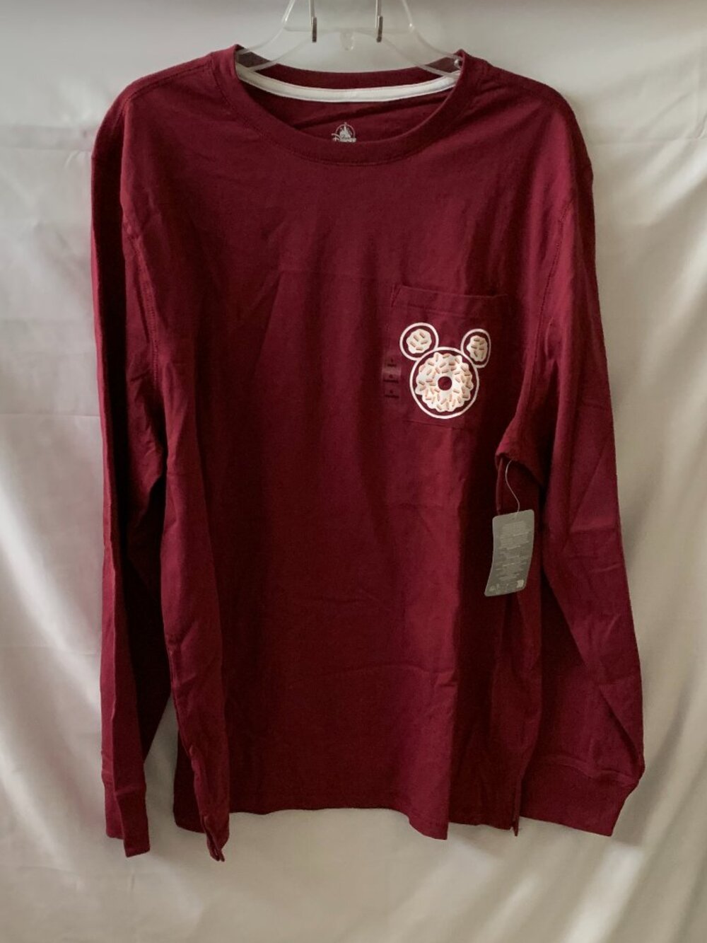 DISNEY Men's Mickey Mouse Delicious Donuts Long Sleeve Tee in Burgundy Sz LARGE